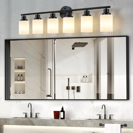 Bathroom Mirror Light, Frosted White Glass Lampshades with Black Iron Frame