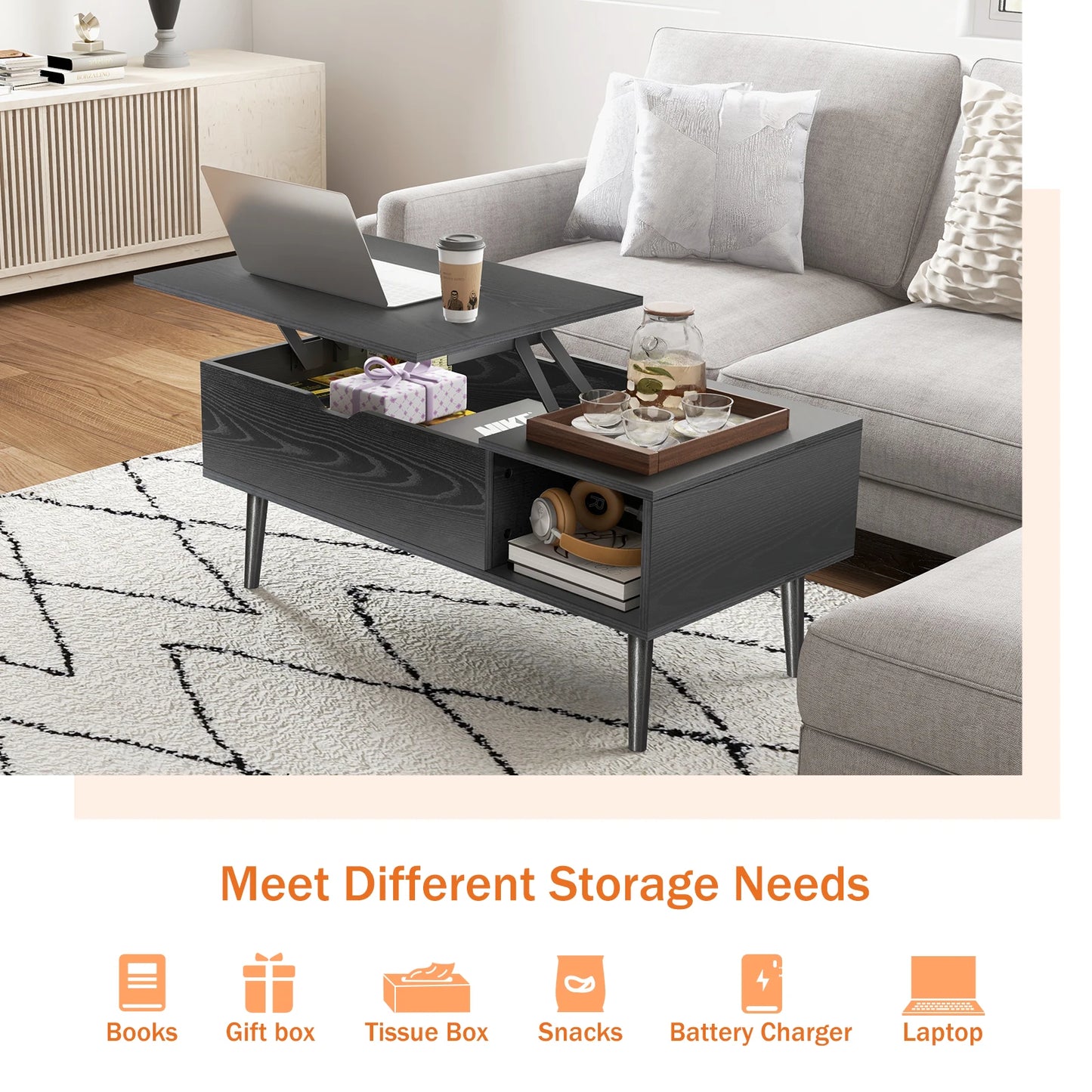 Lift Top Coffee Table  Wood Adjustable Storage Shelf Easy Lift Or Lower