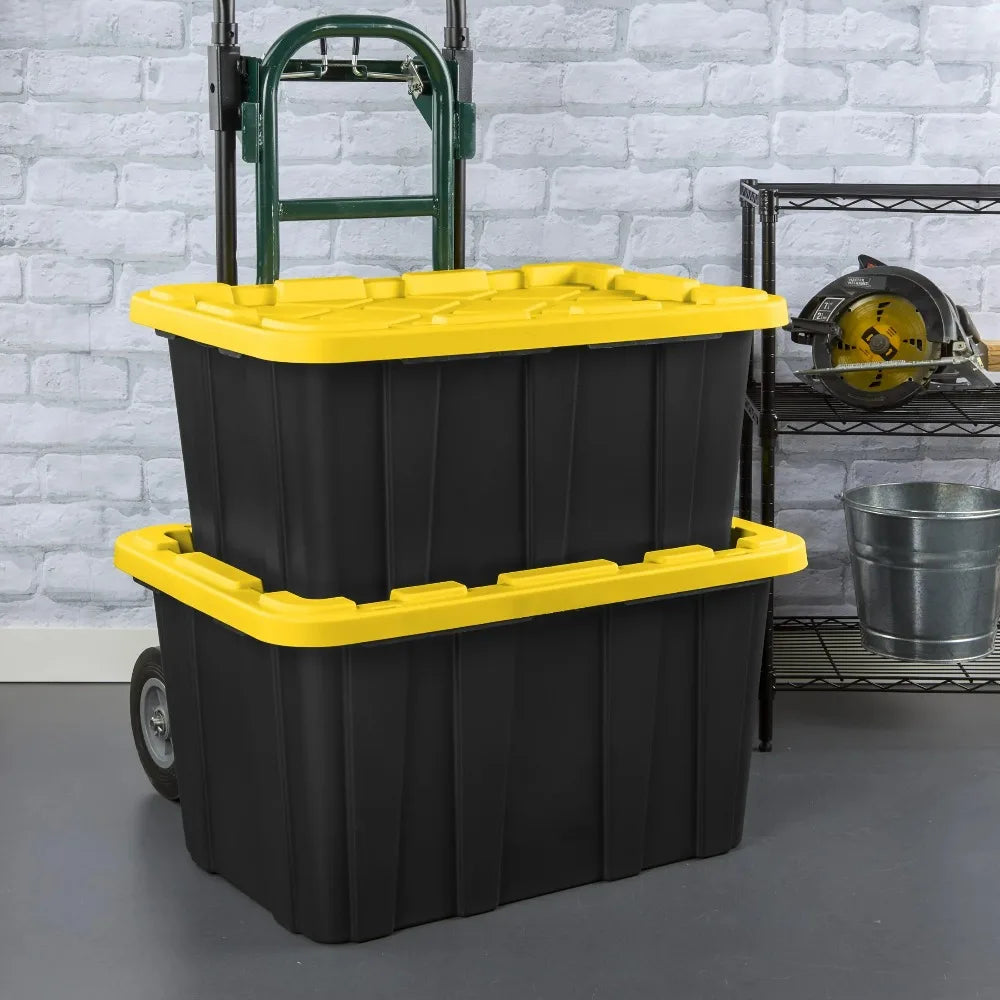 Plastic Storage Tote with Snap-On Lid, Black and Yellow, 6 Pack