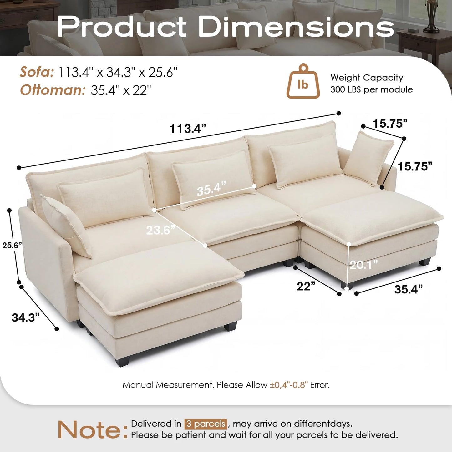 Modular Sectional Sofa with Ottoman, Solid Wood Frame