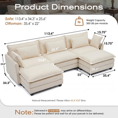 Modular Sectional Sofa with Ottoman, Solid Wood Frame