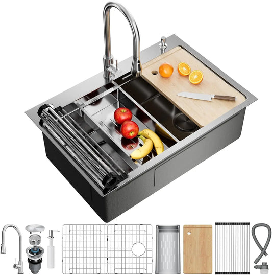 33x22 Inch Stainless Steel Kitchen Sink with Fast Drain, Foldable Grid & Accessories