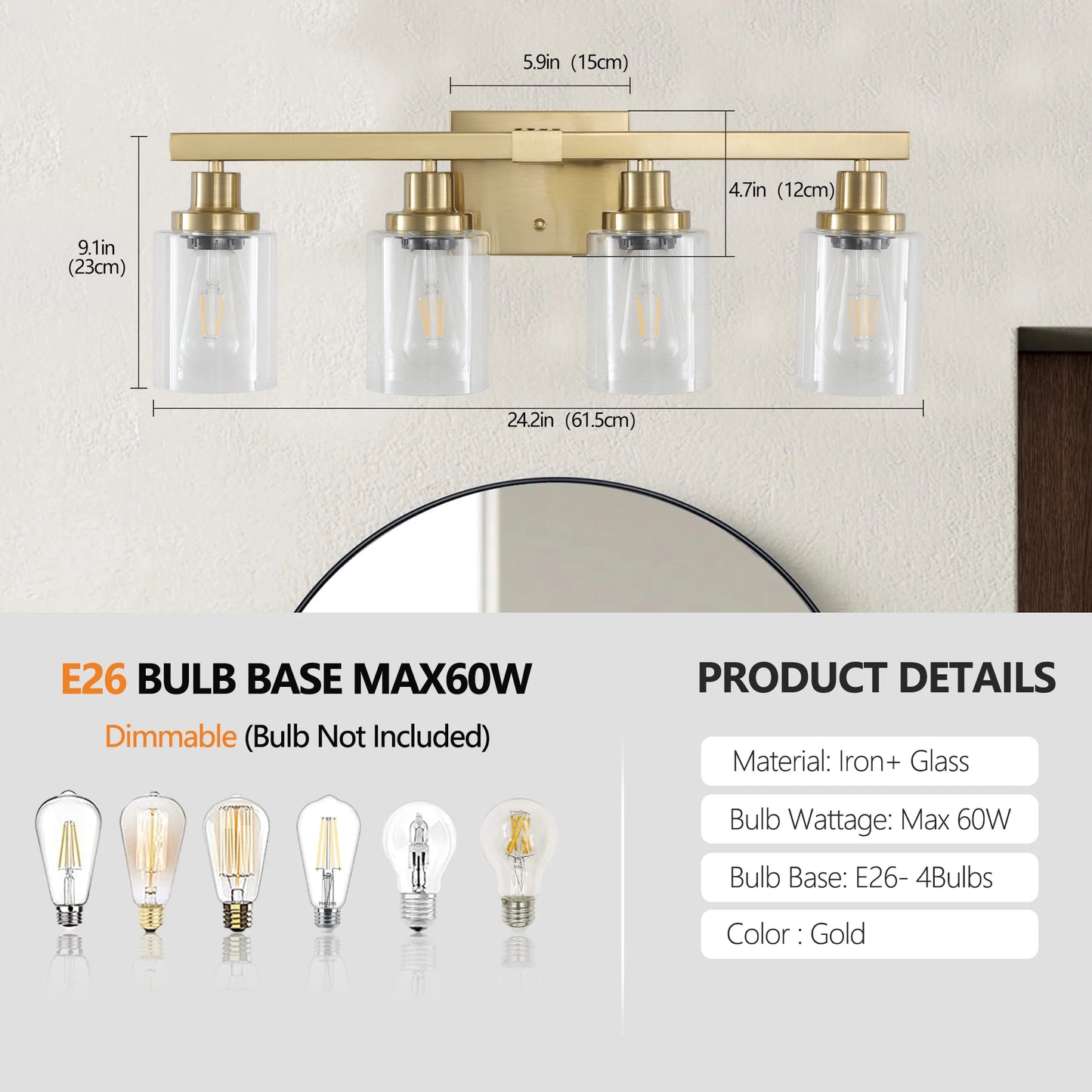 4-Light Vanity Light with Clear Glass Shades(No Bulbs)