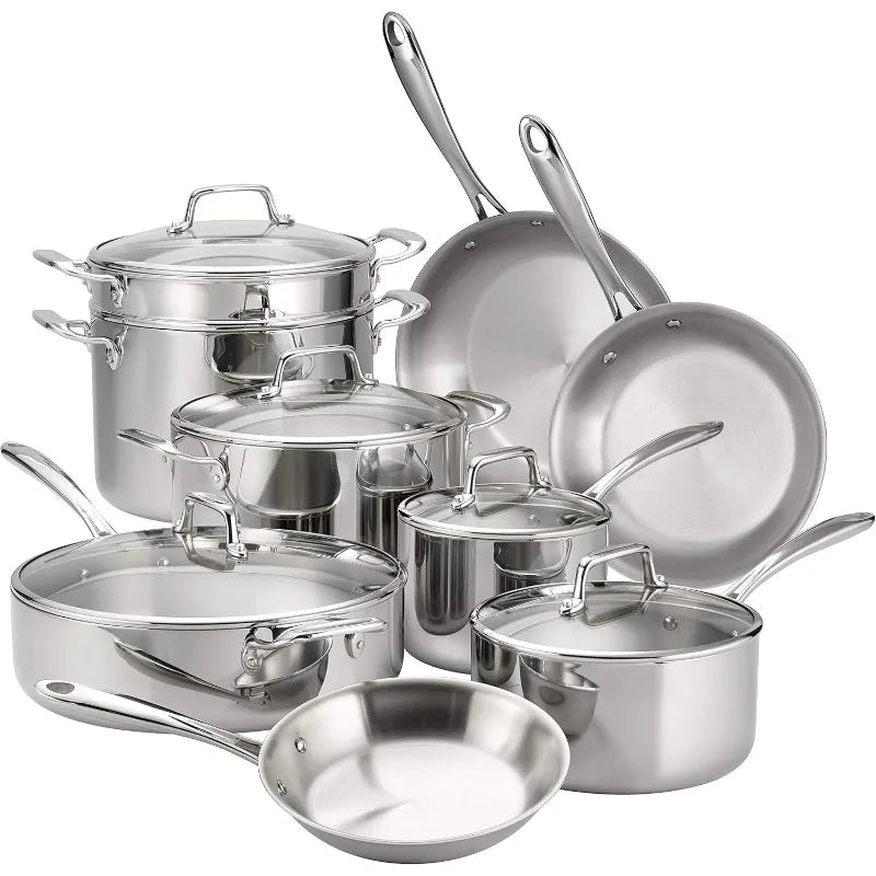 Stainless Steel 14-Piece Cookware Set with Glass Lids, Induction-Ready