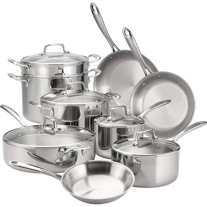 Stainless Steel 14-Piece Cookware Set with Glass Lids, Induction-Ready