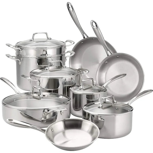 Stainless Steel 14-Piece Cookware Set with Glass Lids, Induction-Ready