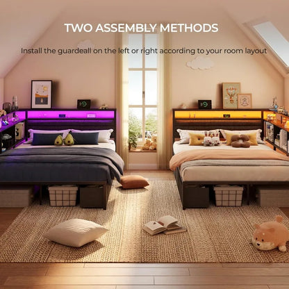 Bed Frame with Headboard and Storage Drawers, Metal Platform