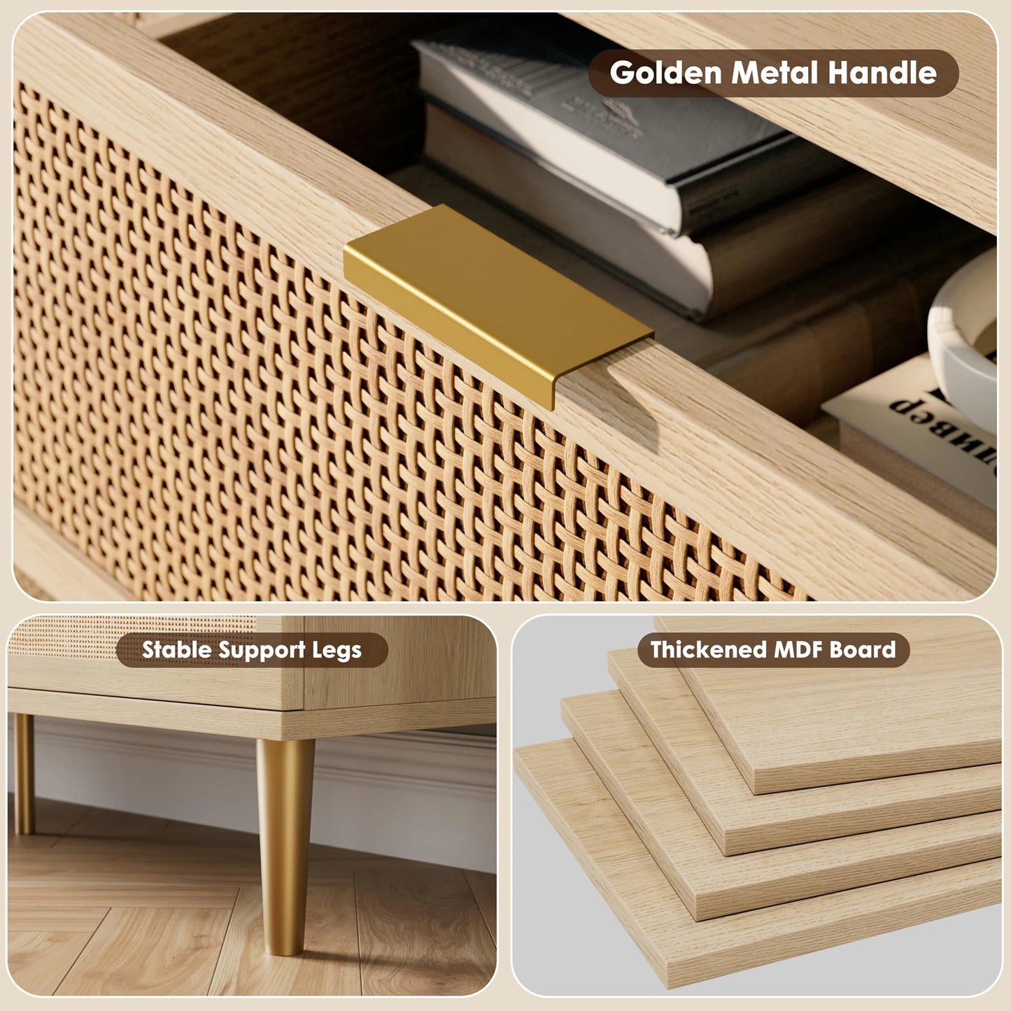 Natural Hand-Woven Rattan & Wood Dresser With Deep Drawers