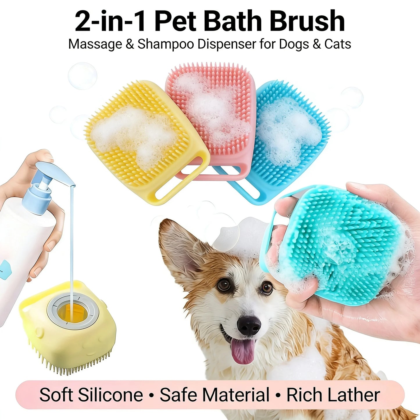 Pet Bath & Massage Brush With Shampoo Storage