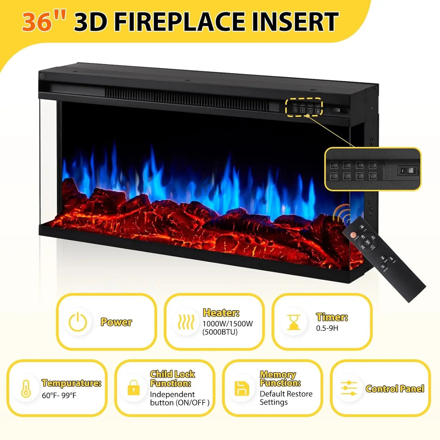Fireplace TV Stand Media Console Glass Door Storage