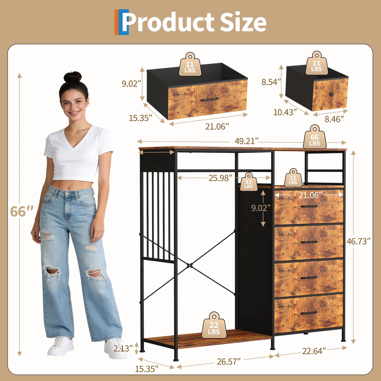 Chest of Drawers, 6 Drawers Hanging Rack Dresser w/LED Lights & Charging Station