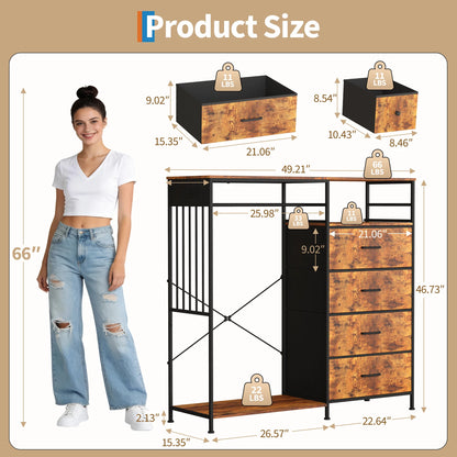 Chest of Drawers, 6 Drawers Hanging Rack Dresser w/LED Lights & Charging Station