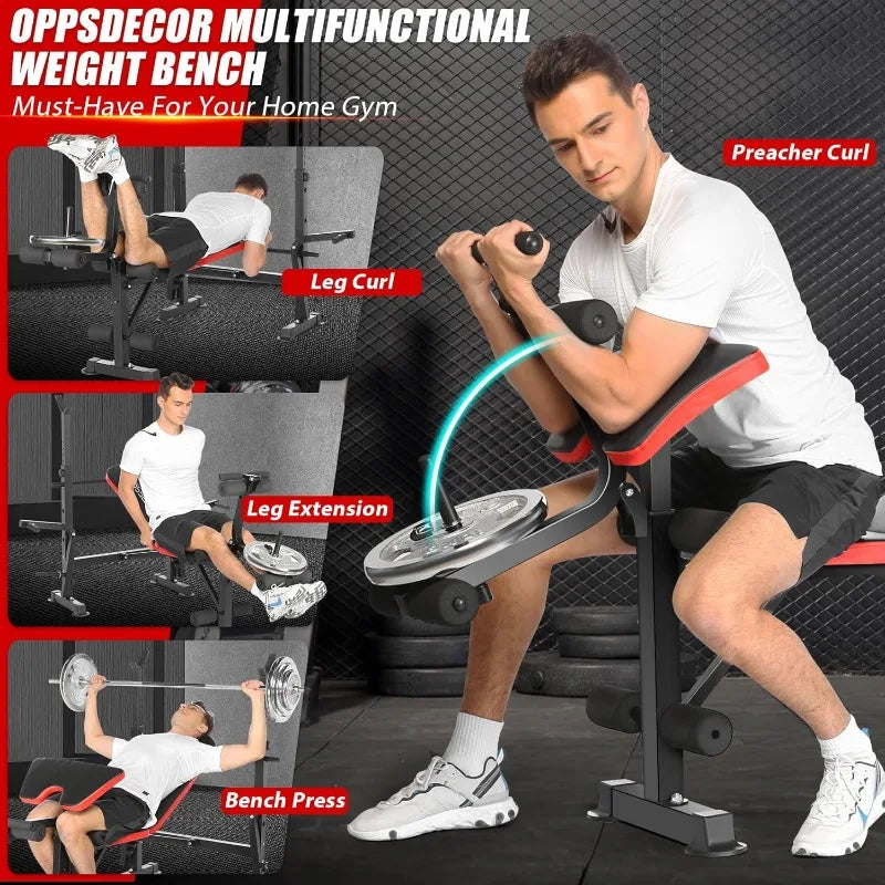 Foldable Weight Bench with Leg Extension/Leg Curl, Squat Rack