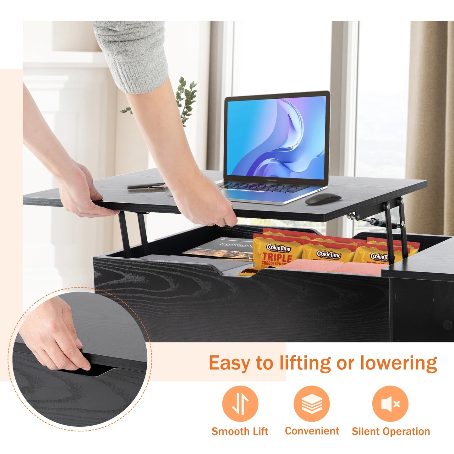 Lift Top Coffee Table  Wood Adjustable Storage Shelf Easy Lift Or Lower
