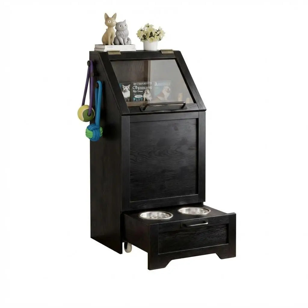 Dog Food Station with, Raised Bowls, Food Storage Cabinet