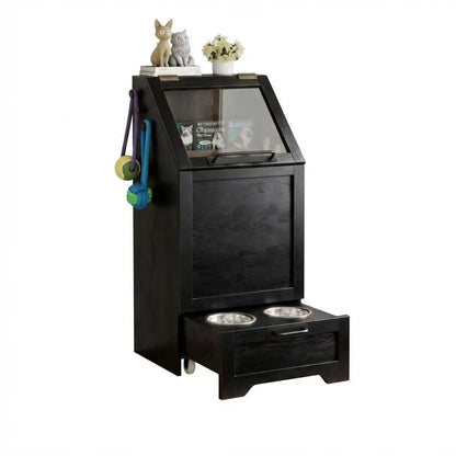 Dog Food Station with, Raised Bowls, Food Storage Cabinet