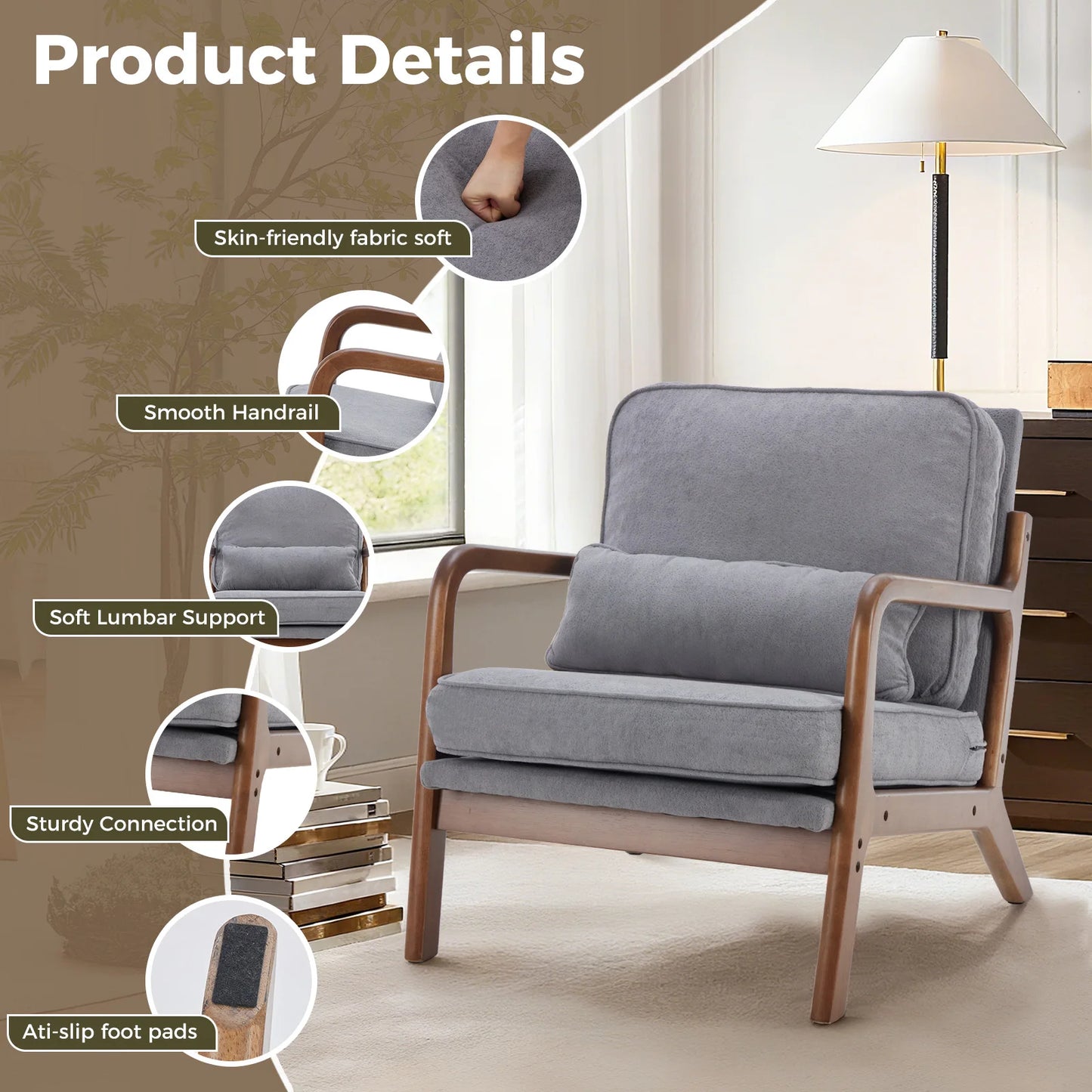 Chair Solid Wooden Frame with Arms and Waist Cushion