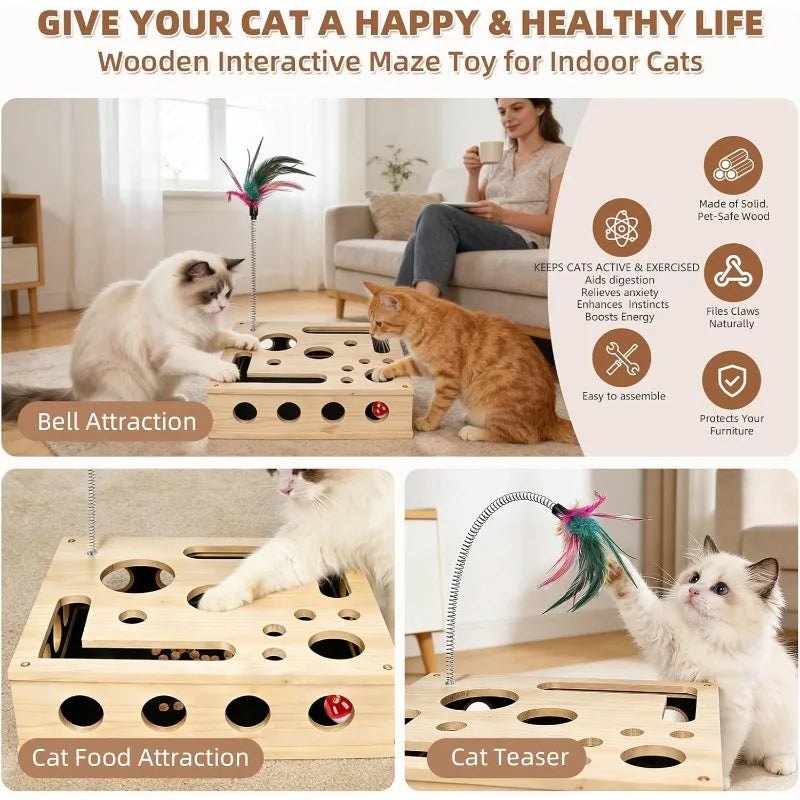 Cat Nail File Enrichment Box, Interactive Scratch Puzzle Maze Toy W/ Cat Wand & Bell Balls