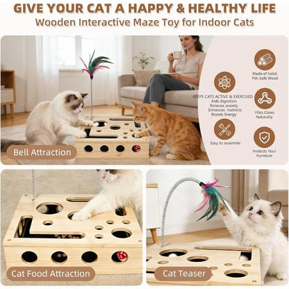Cat Nail File Enrichment Box, Interactive Scratch Puzzle Maze Toy W/ Cat Wand & Bell Balls