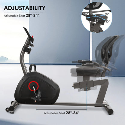 Recumbent Stationary Exercise Bike Large Comfortable Seat Heart Rate Handle