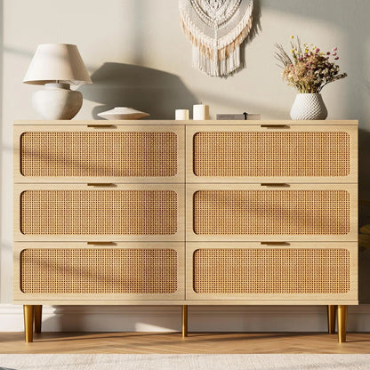 Natural Hand-Woven Rattan & Wood Dresser With Deep Drawers
