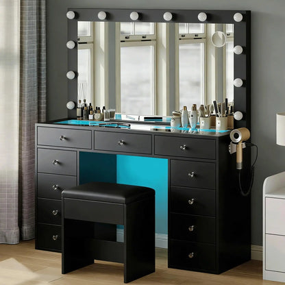 Vanity Desk with Lights, 47 Inch Mirror, and Drawers