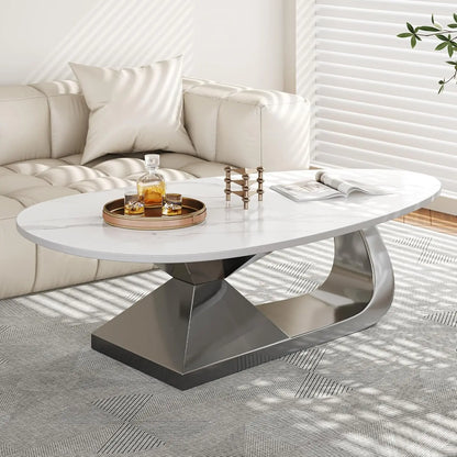 Coffee Table with Silver Stainless Steel Pedestal,Oval with Faux Marble Top