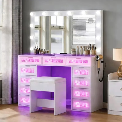 Vanity Desk with Lights, 47 Inch Mirror, and Drawers