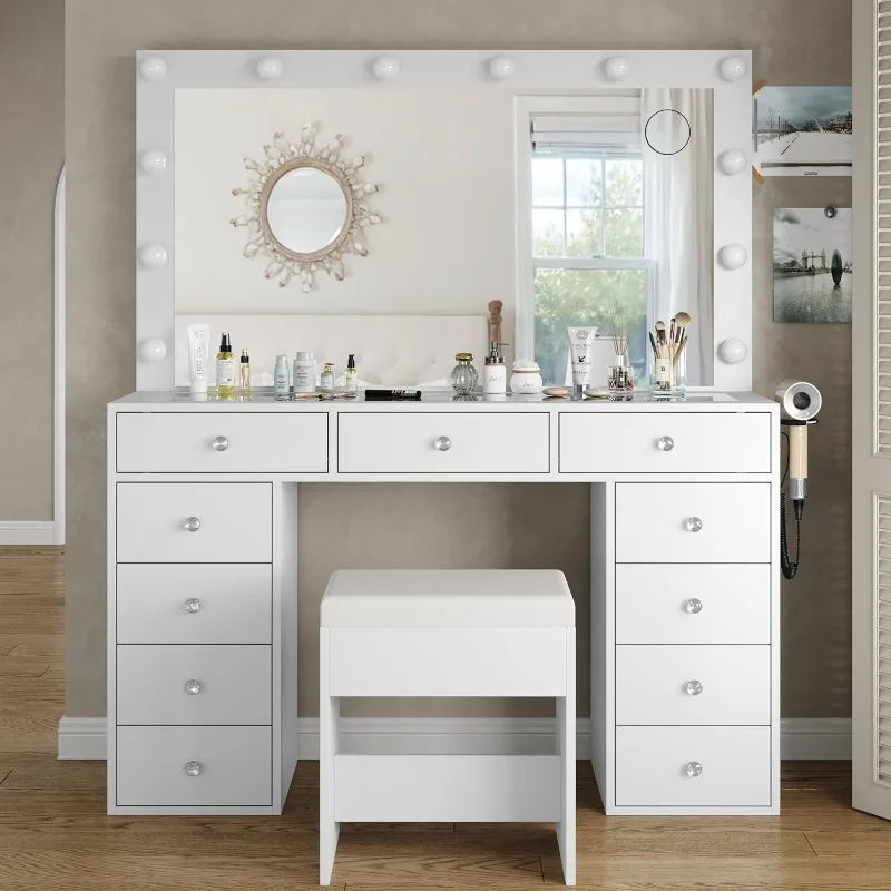 Vanity Desk & Power Mirror LED Lights, 11 Drawers, and Chair