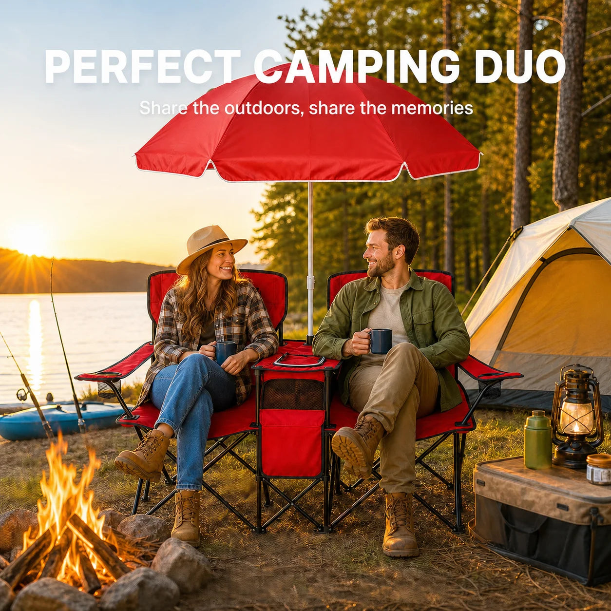 2-Seater  Folding Camping Chair with Built-in Umbrella