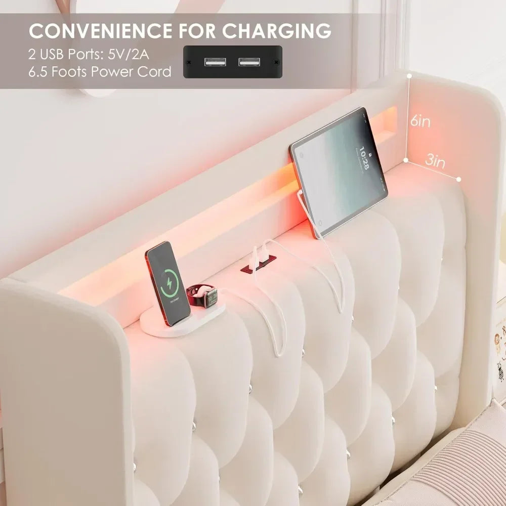 Upholstered Platform Bed with Charging Station, 4 Storage Drawers