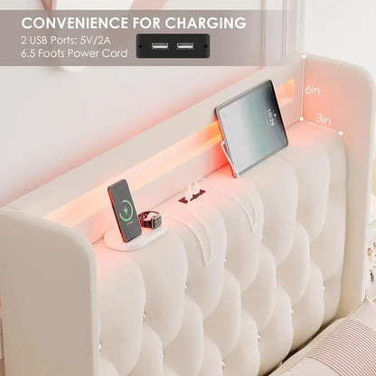 Upholstered Platform Bed with Charging Station, 4 Storage Drawers