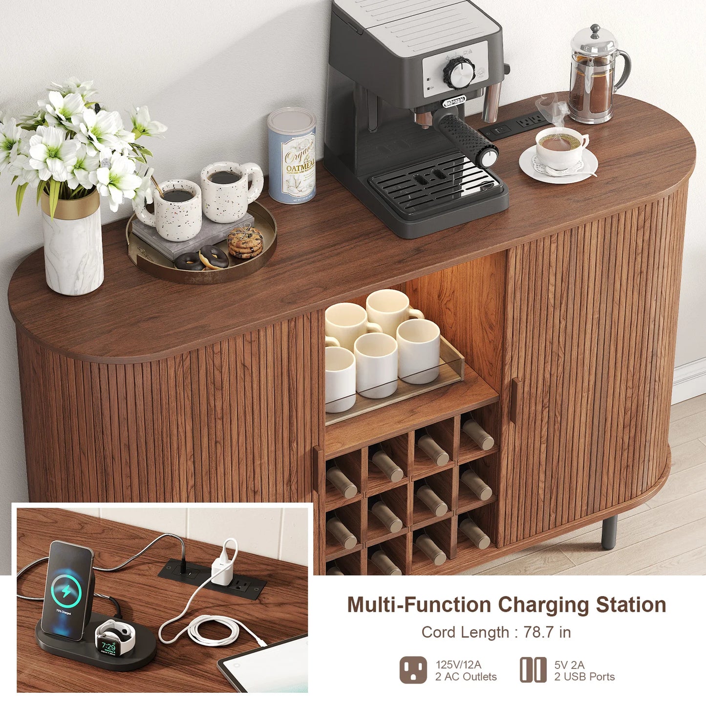 Wine Bar Cabinet w/ LED Light,  Wine Rack & Glass Holder