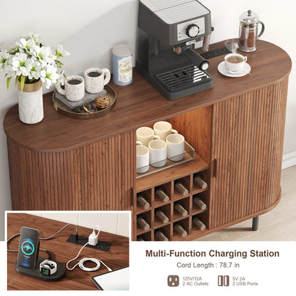 Wine Bar Cabinet w/ LED Light,  Wine Rack & Glass Holder