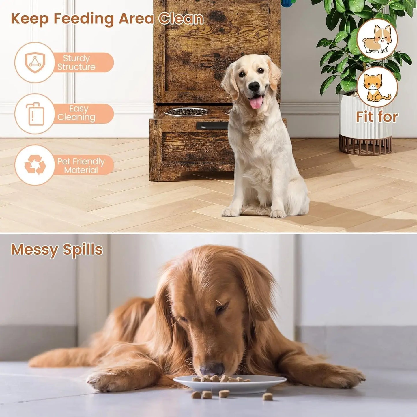 Dog Food Station with, Raised Bowls, Food Storage Cabinet