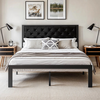 Bed Frame with Upholstered Headboard, No Box Spring Needed
