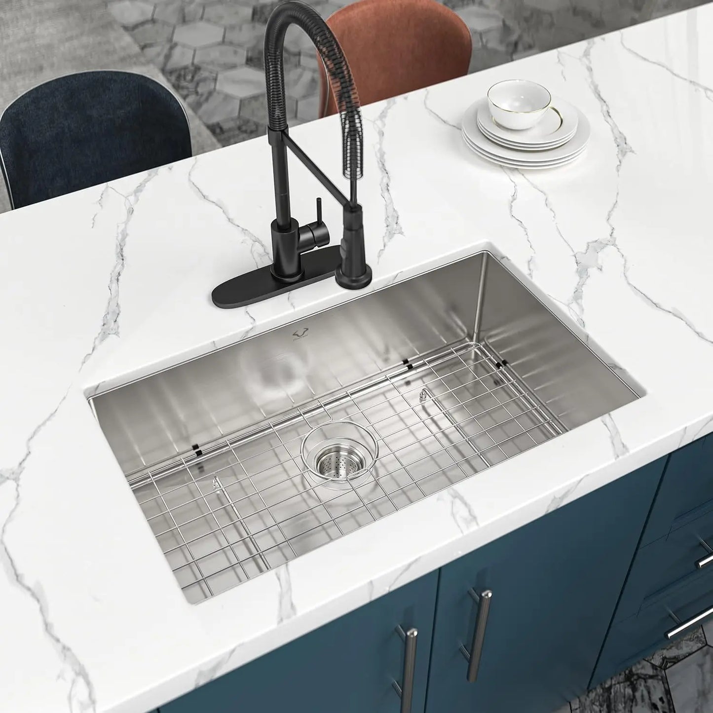 30x18 Inch Undermount Stainless Steel Kitchen Sink Set with Grid and Drain Assembly