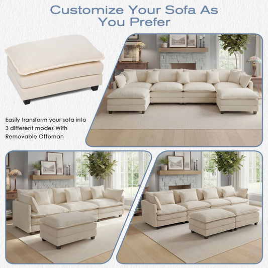 Modular Sectional Sofa with Ottoman, Solid Wood Frame