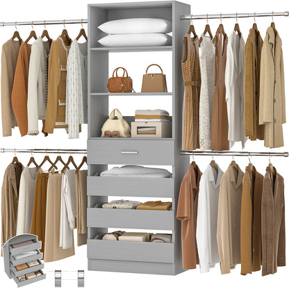 4-9Ft Closet System with 4 Wooden Drawers, Walk-in Closet Organizer Wardrobe Clothes Rack with 4 Hanging Rods, Garment Rack