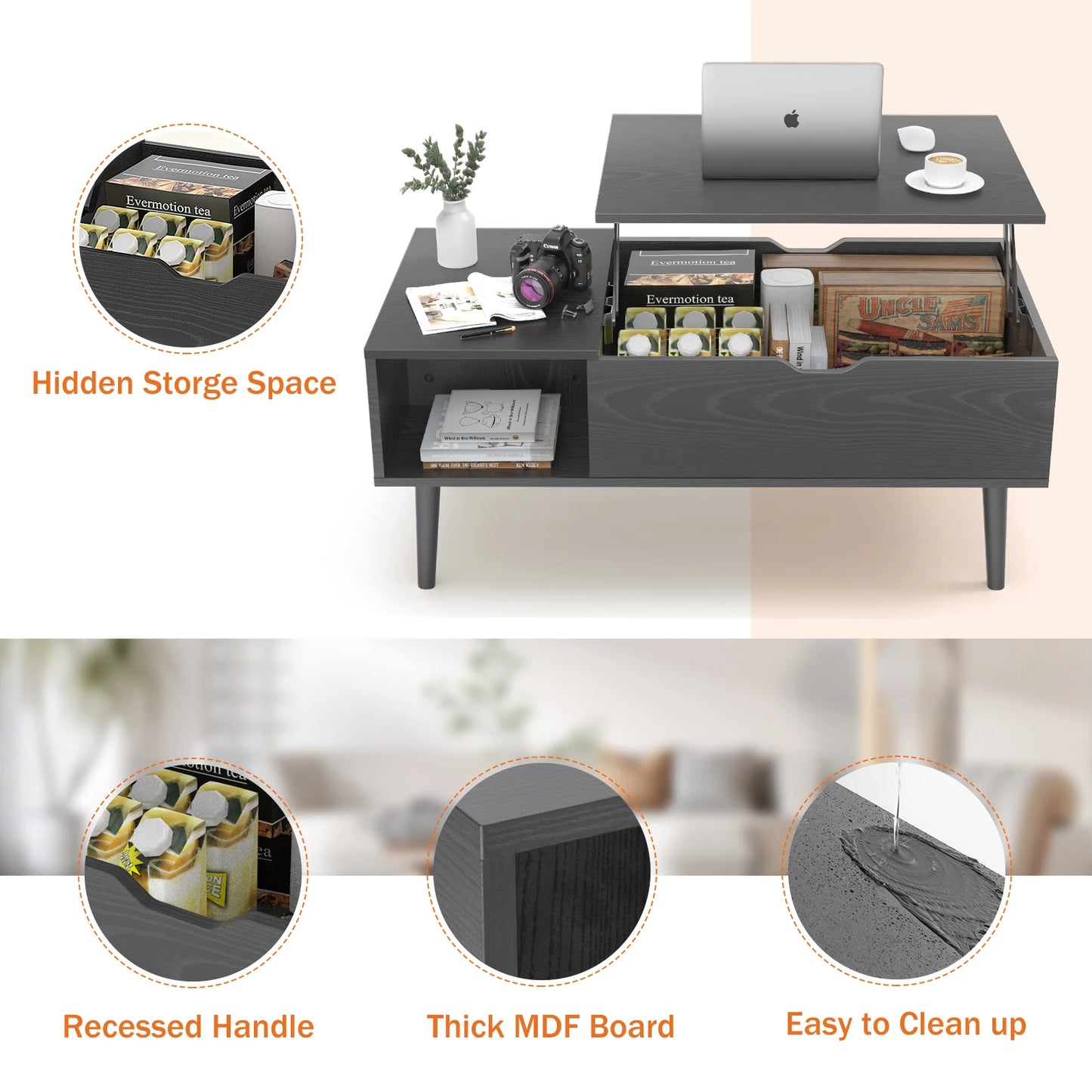 Lift Top Coffee Table  Wood Adjustable Storage Shelf Easy Lift Or Lower