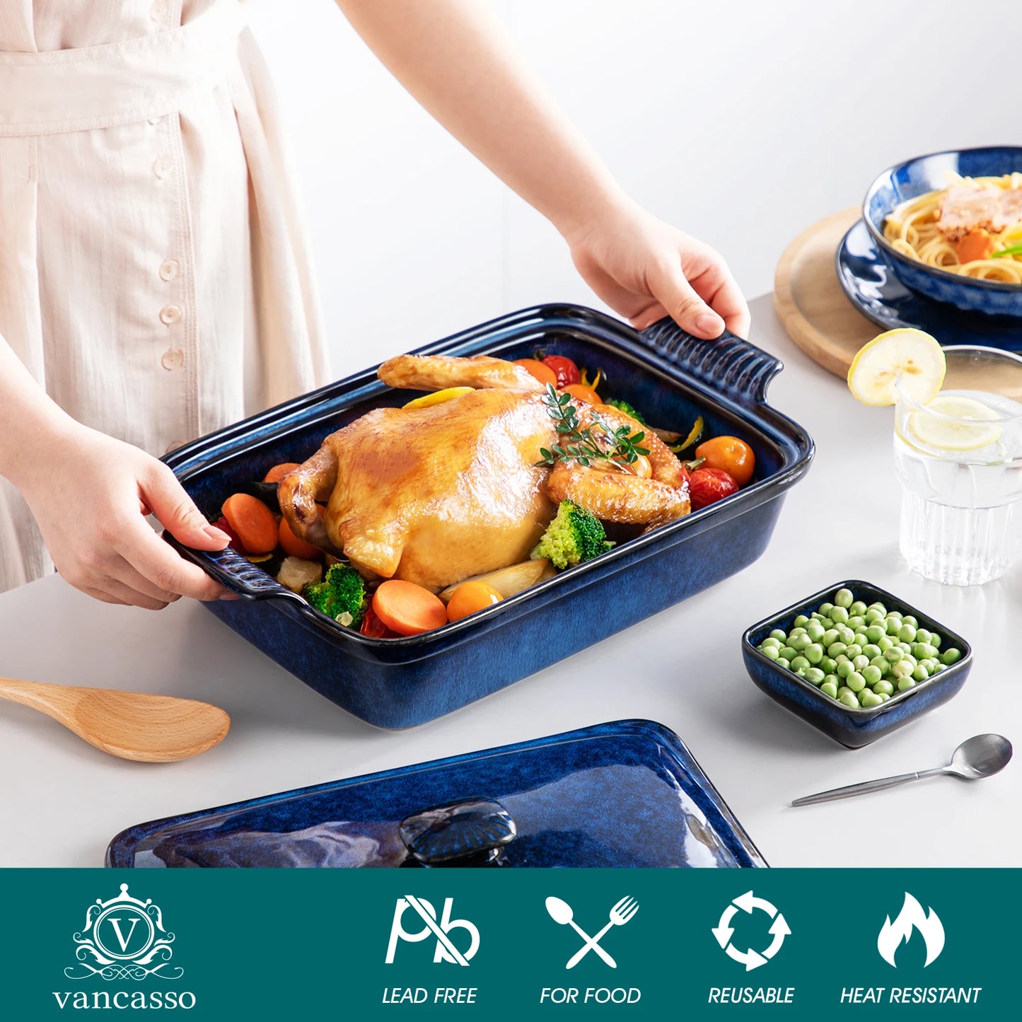 Casserole Baking Dish with lid; Stoneware casserole; Microwave safe