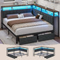 Queen Corner Bed Frame with Storage Drawers LED Lights USB Charging Station