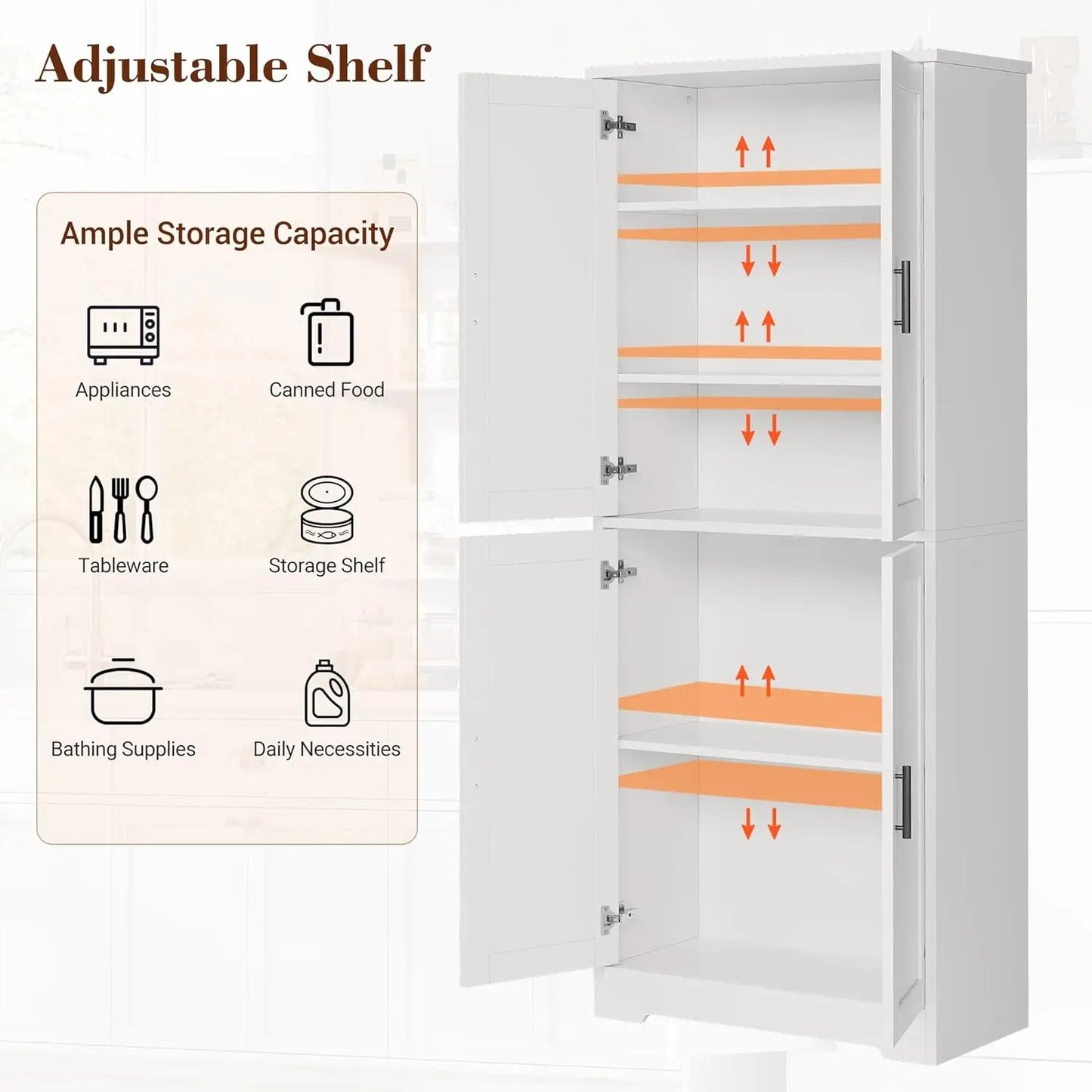 Freestanding Storage Cabinet with 4 Doors and Adjustable Shelves