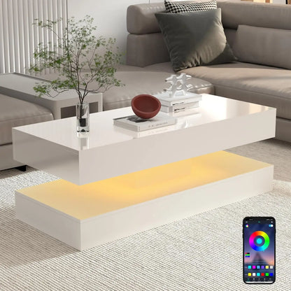 Coffee Table with LED lights, Double-Layer Design with Storage Drawers