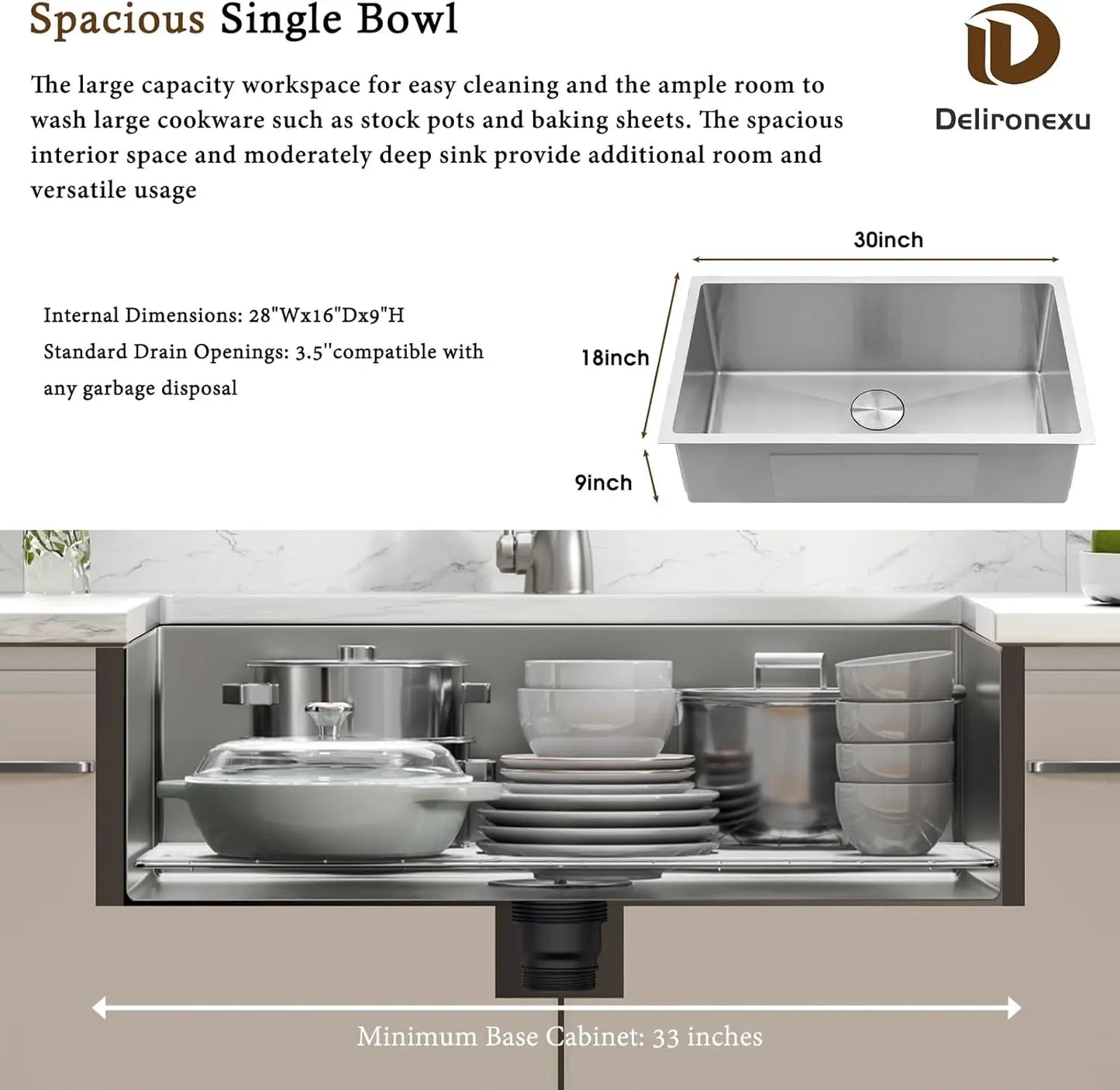 30-Inch Kitchen Sink, Stainless Steel Single Bowl with Brushed Finish and Drain Kit
