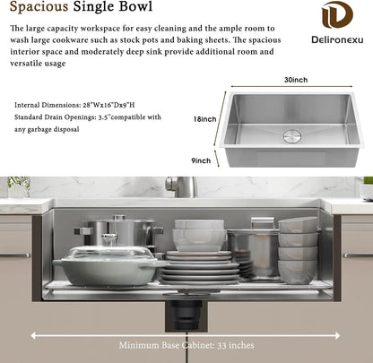 30-Inch Kitchen Sink, Stainless Steel Single Bowl with Brushed Finish and Drain Kit