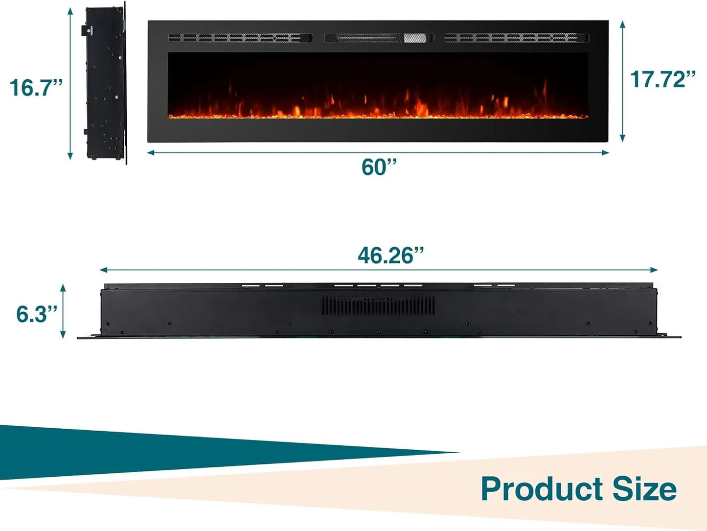 60-Inch Electric Fireplace Wall-Mounted with Remote & Touch Screen