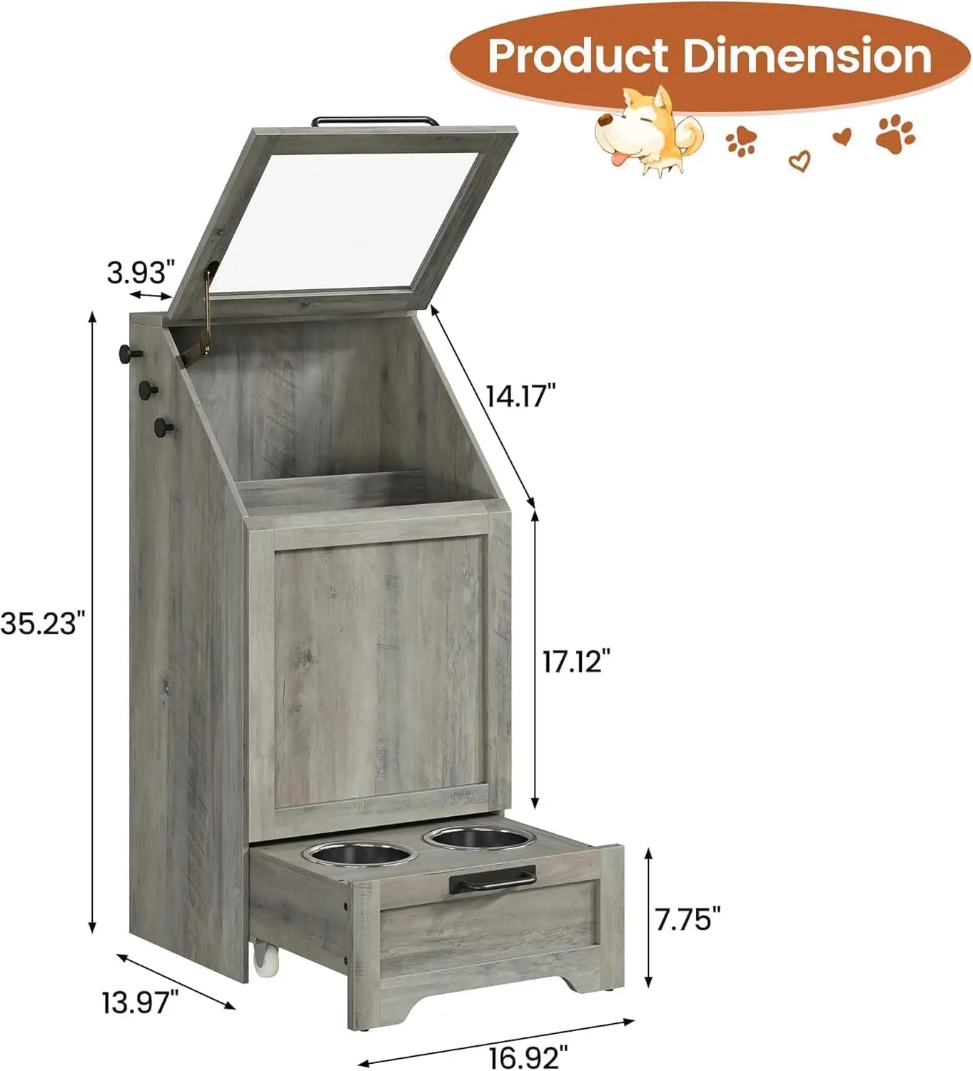 Dog Food Station with, Raised Bowls, Food Storage Cabinet
