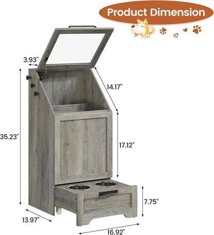 Dog Food Station with, Raised Bowls, Food Storage Cabinet