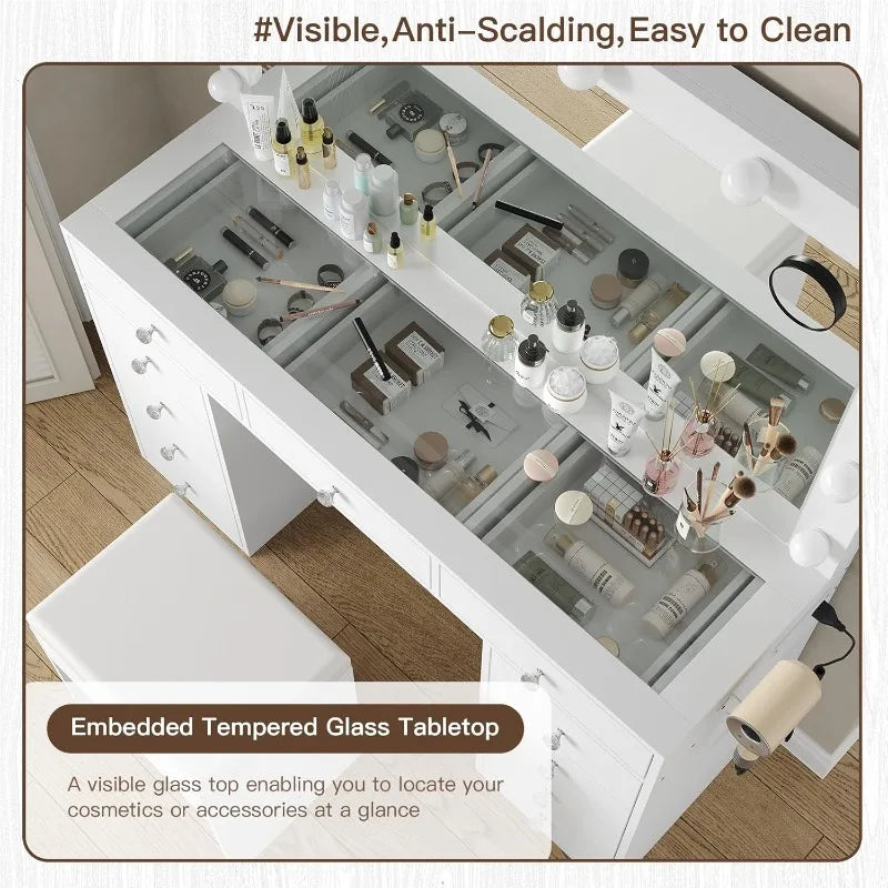 Vanity Desk & Power Mirror LED Lights, 11 Drawers, and Chair